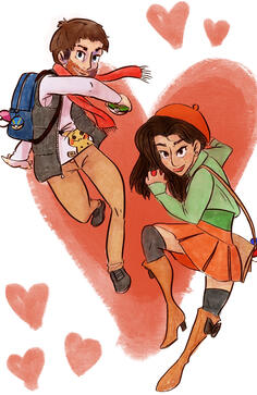 Digital illustration. Pokemon-themed couple portrait.