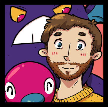 Digital illustration. Bearded man, smiling. 2 pokemon nearby.