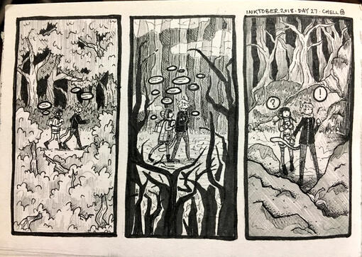 Ink comic, 3 panels. 2 characters travel through nature.